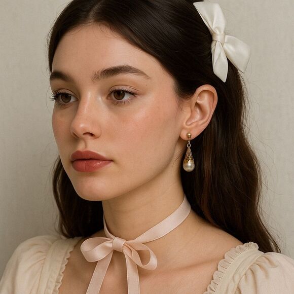 Vintage Jewelry - Vtg Memories 1900 Pearl Drop Earrings Gold Tone Filigree Shell Cap Made in USA